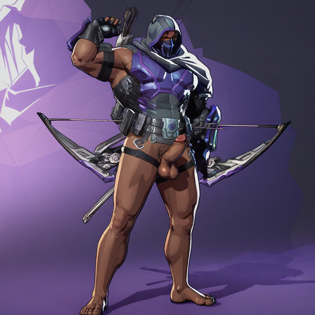 Hawke1ye1, quiver, dark-skinned male, mouth mask, testicles, 1boy, holding bow (weapon), full body, rifle, bara, hood