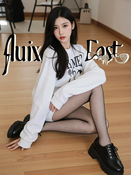 This is a clear indoor portrait photo with a modern and trendy style. The subject of the photo is a young woman who is sitting on a wooden floor, facing the right side of the frame with her body slightly bent at the knees, with her hands resting on her left thigh. She is looking at the camera with a calm expression. She is wearing a white long-sleeved sweatshirt with black letters and patterns on it. Below that, she is wearing fishnet stockings in black, and on her feet, she has a pair of black chunky platform leather shoes with silver decorations on the laces. Her hair is black and falls in loose waves, without bangs. In the background, you can see some furniture, such as chairs and a handbag.
There is a prominent artistic font above the picture, which reads' fluxEast 'in English
