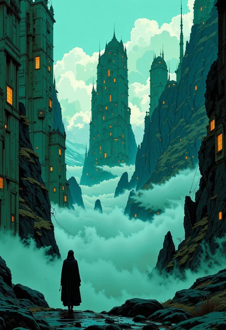 A zoomed out view of futuristic city made of cubes and windows. A beautiful woman walks in the foreground, rich blue and green palette and deep, rich textures. Clouds, dramatic scenery, ambient lighting.