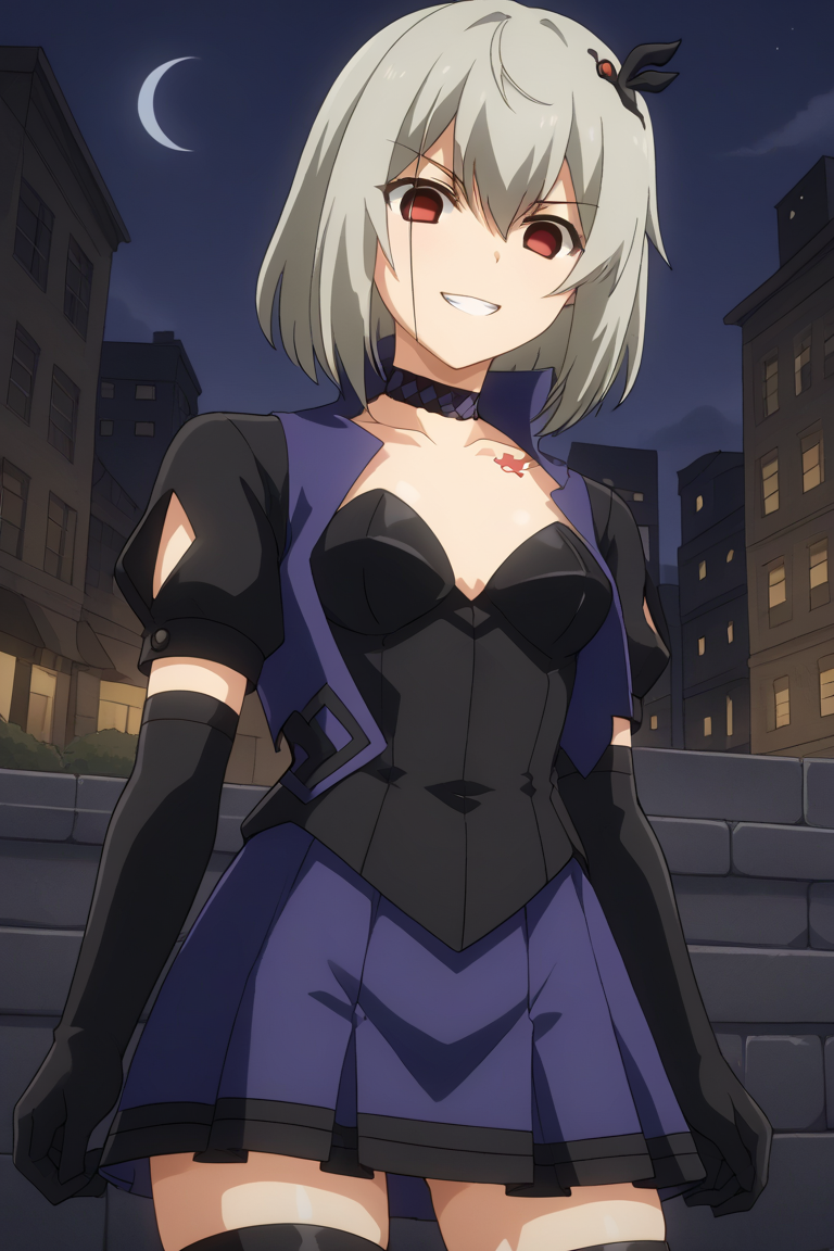 1girl, solo, evilshirleyanime, saorianime, magical girl, dark persona, grey hair, short hair, hair ornament, red eyes, empty eyes, choker, collarbone, tattoo, vest, puffy short sleeves, elbow gloves, black shirt, skirt, thigh boots, outdoors, city, night, standing, cowboy shot, evil smile, smirk, grin