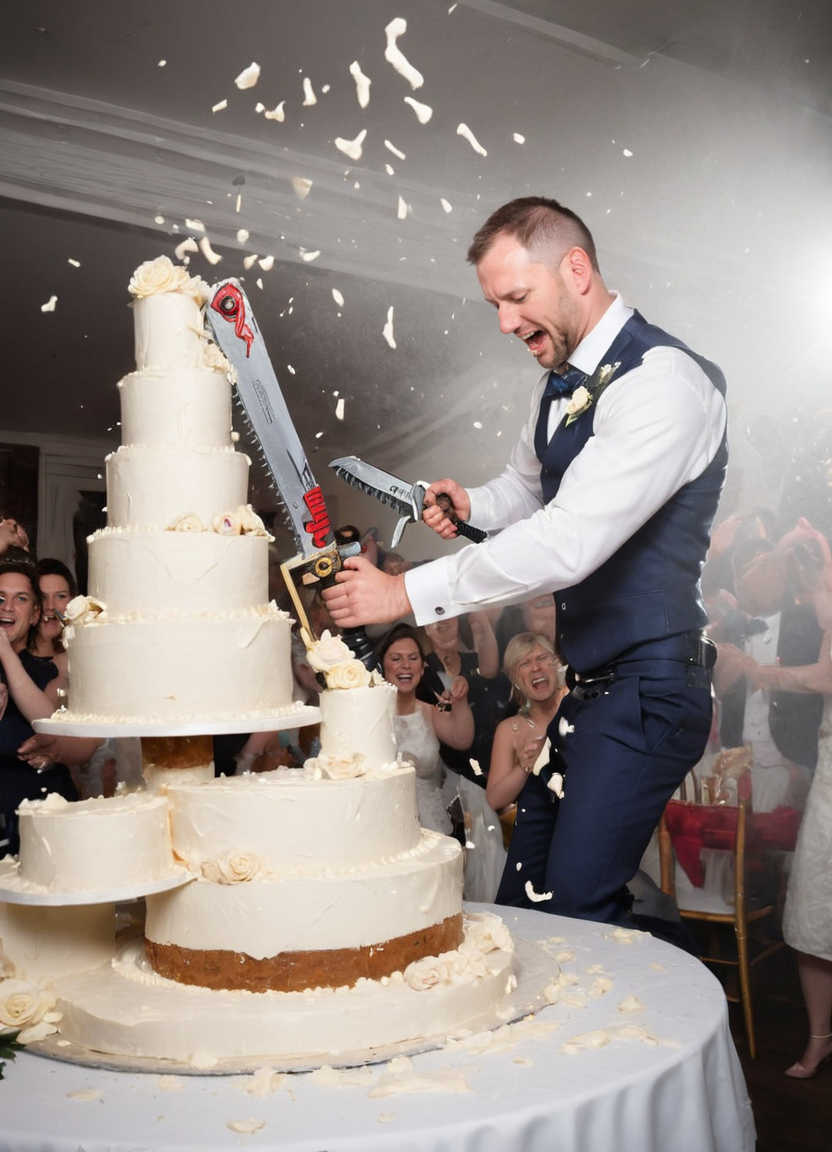 groom cutting a big wedding cake with  a 40kchainsword, cream flying everywhere, 
 <lora:Chainsword_-_Warhammer_40000_SDXL:0.8>