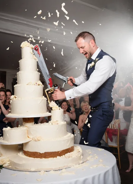 groom cutting a big wedding cake with  a 40kchainsword, cream flying everywhere, 
 <lora:Chainsword_-_Warhammer_40000_SDXL:0.8>