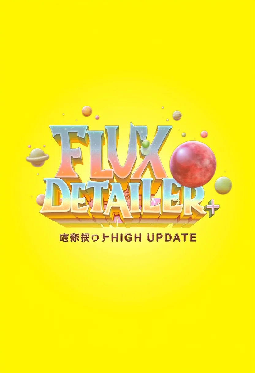 A yellow background with the text "Flux Detailer+" in bold, psychedelic font. The letters have an iridescent shimmer effect and are arranged to resemble floating stars or planets. There is also some digital pixel art on top of it that adds another layer of visual complexity. In front of them is written Japanese characters for "High Res Update". It's a creative design for a social media post or profile banner.