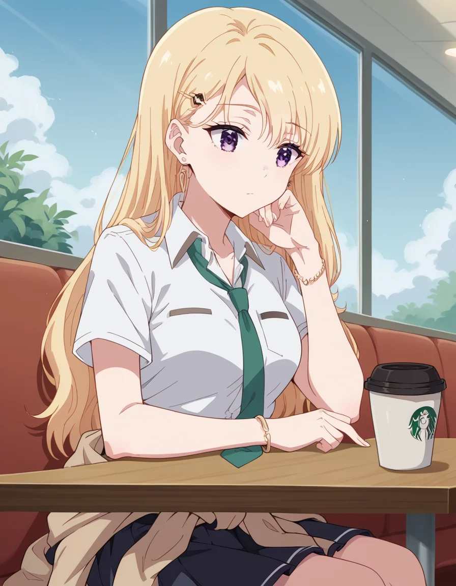 score_9, score_8_up, score_7_up, source_anime, <lora:saki-ayase-s1-ponyxl-lora-nochekaiser:1>, saki ayase, long hair, bangs, blonde hair, purple eyes, hairclip, medium breasts,, skirt, shirt, jewelry, school uniform, white shirt, short sleeves, pleated skirt, earrings, necktie, bracelet, clothes around waist, cafe, coffee cup, barista, sitting down, talking, relaxing, sunlight through window, , , sitting, elbow rest, table,, solo,, cowboy shot, dutch angle