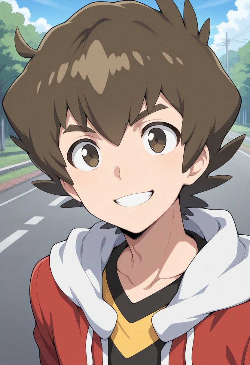 masterpiece,best quality,amazing quality, 
bayamano, 1boy, male focus, solo, brown eyes, brown hair, shirt, yellow shirt, jacket, red jacket, hood, smile, grin, portrait,
outdoor,