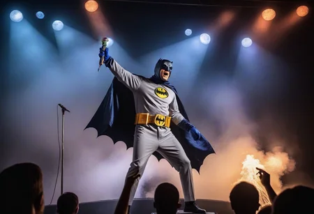 Masterpiece, High quality, batman1966 style, batman style, ba_ma style, Bama1966 Style, batman, on a stage, performing, performing during a concert, concert, singing, rap, flame and steam on the background, view from front, hip hop, microphone, hold microphone, laser lights