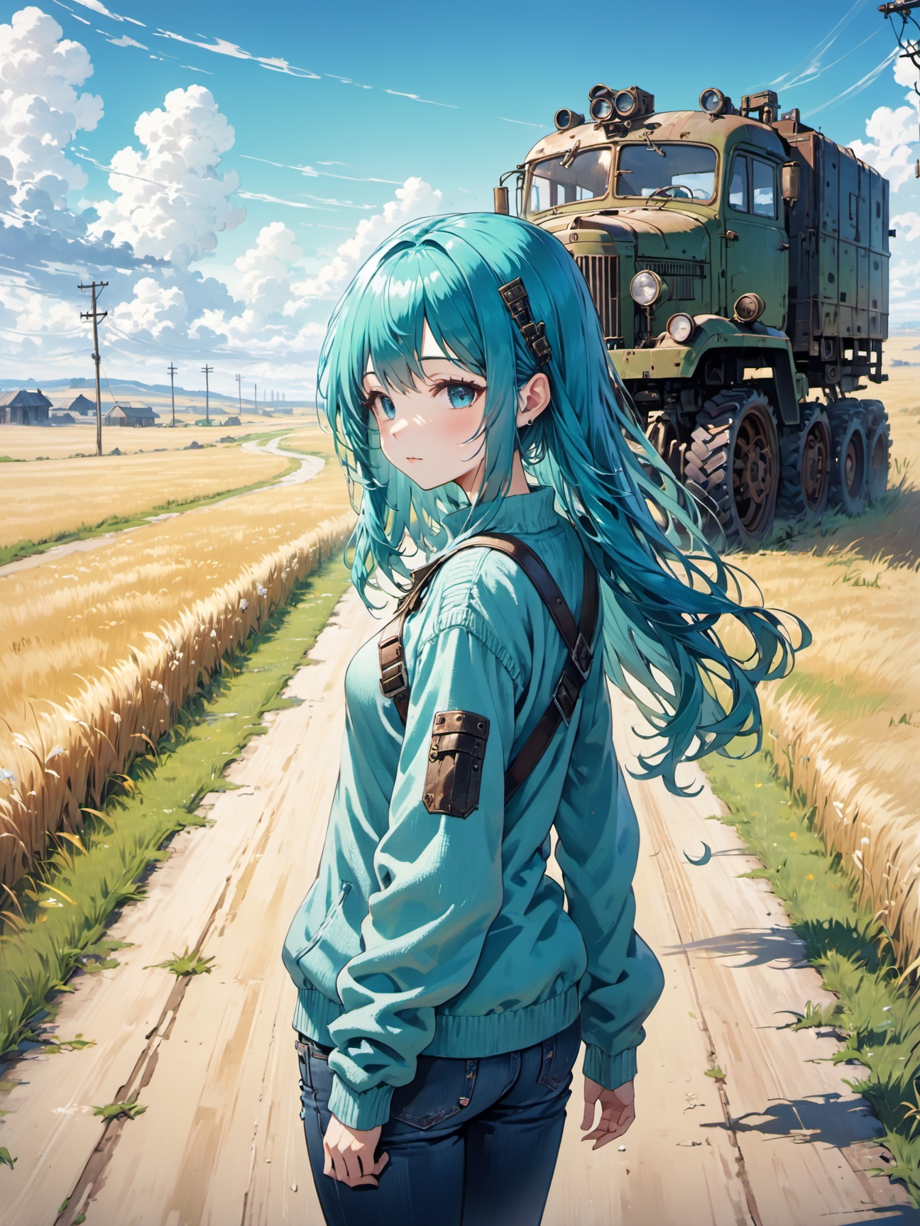 1girl, aqua hair, long hair,  side hair, blunt bangs bangs,  dieselpunk sweater jeans hairclip ,  abandoned roads in the grasslands daytime,  wide shot