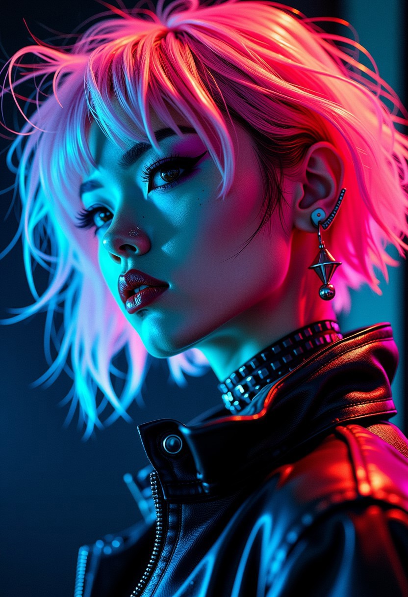 nvinkpunk, a punk Japanese woman, neon pink shaggy messy bobbed hair, sidelocks, bangs, earrings, dark eyeshadow, bright crimson lips, studded choker, extreme closeup side portrait, seductive, lustful, sultry,  leather jacket, silhouetted, chiascuro, bokeh, professional photography, dark background, directional blue lighting