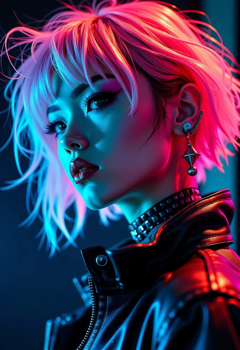 nvinkpunk, a punk Japanese woman, neon pink shaggy messy bobbed hair, sidelocks, bangs, earrings, dark eyeshadow, bright crimson lips, studded choker, extreme closeup side portrait, seductive, lustful, sultry,  leather jacket, silhouetted, chiascuro, bokeh, professional photography, dark background, directional blue lighting