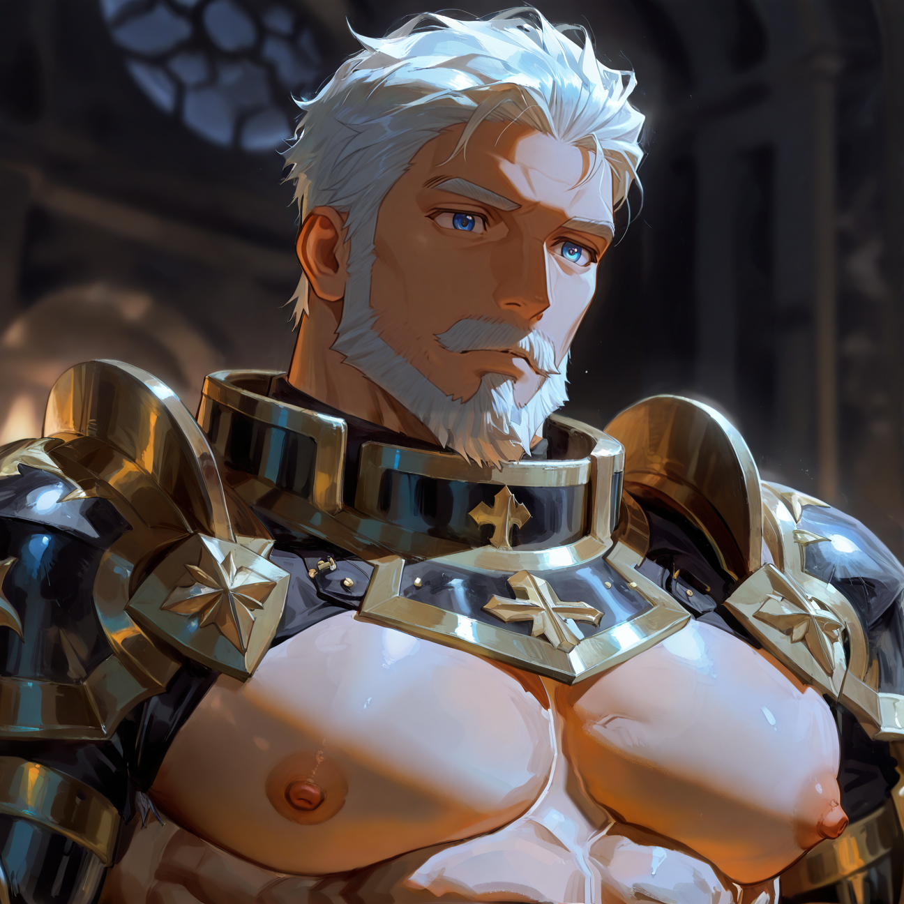 <lora:Skears__ç½ç«ãã­ã¸ã§ã¯ã_ZERO_CHRONICLE:.5>, Skears, White hair, blue eyes, Moustache, Black gold shoulder armor, black gold arm armor, black gold knee armor,
(upper body, face focus)
(very short hair), male focus, muscular male, puffy nipples, large pectorals, perfect abs, puffy nipples, muscular male, bara, mature, (bara, mature, facial hair, beard, full beard, sideburn, mustache, stubble), facial hair, bara, mature, aixiwuganda_(20222192), very awa, masterpiece, best quality, absurdres, newest, perfect quality, detailed background, intricate details,<lora:slider_Body Type_alpha1.0_rank4_noxattn_last:2><lora:Anime Summer Days 2 Style SDXL_LoRA_Pony Diffusion V6 XL:.6><lora:merged:.7>, DARK, DARK BACKGROUND, LOW-KEY LIGHTING <lora:slider_cfg_scale_boost:.7><lora:Artist6p:.55>, Artist6p, Artist04p,<lora:slider_il_brightness_slider_d1:-.5><lora:slider_il_contrast_slider_d1:-.25>,<lora:addon_illustriousXLv01_stabilizer_v1.121:.5>