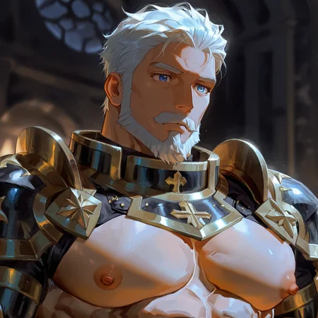 <lora:Skears__ç½ç«ãã­ã¸ã§ã¯ã_ZERO_CHRONICLE:.5>, Skears, White hair, blue eyes, Moustache, Black gold shoulder armor, black gold arm armor, black gold knee armor,
(upper body, face focus)
(very short hair), male focus, muscular male, puffy nipples, large pectorals, perfect abs, puffy nipples, muscular male, bara, mature, (bara, mature, facial hair, beard, full beard, sideburn, mustache, stubble), facial hair, bara, mature, aixiwuganda_(20222192), very awa, masterpiece, best quality, absurdres, newest, perfect quality, detailed background, intricate details,<lora:slider_Body Type_alpha1.0_rank4_noxattn_last:2><lora:Anime Summer Days 2 Style SDXL_LoRA_Pony Diffusion V6 XL:.6><lora:merged:.7>, DARK, DARK BACKGROUND, LOW-KEY LIGHTING <lora:slider_cfg_scale_boost:.7><lora:Artist6p:.55>, Artist6p, Artist04p,<lora:slider_il_brightness_slider_d1:-.5><lora:slider_il_contrast_slider_d1:-.25>,<lora:addon_illustriousXLv01_stabilizer_v1.121:.5>