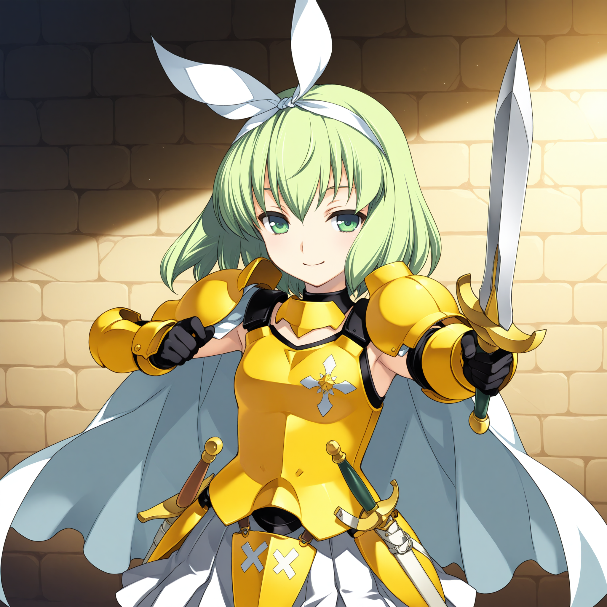 <lora:Tilde_Sharp_1_nai-000049:1>,Tilde Sharp,hair ribbon,
armor,skirt,gloves,cape,
1girl,solo,smile,holding sword,looking at viewer,aiming at viewer,