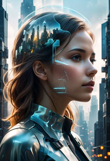 Double Exposure Style,Volumetric Lighting, a girl side view portrait, light depth, dramatic atmospheric lighting,Volumetric Lighting, double image ghost effect, image combination, double exposure style, background lightly brushed with the image of a futuristic city buildings