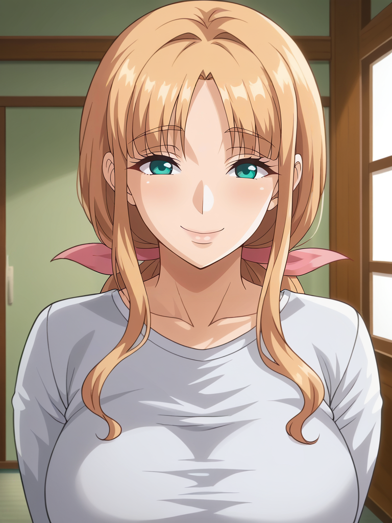 <lora:Ayako-Hajimete_no_Hitozuma:0.7>,Ayako,mature female,1girl,solo,blonde hair,green eyes,large breasts,long hair,ribbon,bow,shirt,upper body,looking at viewer,indoors,smile