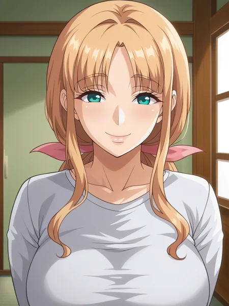 <lora:Ayako-Hajimete_no_Hitozuma:0.7>,Ayako,mature female,1girl,solo,blonde hair,green eyes,large breasts,long hair,ribbon,bow,shirt,upper body,looking at viewer,indoors,smile