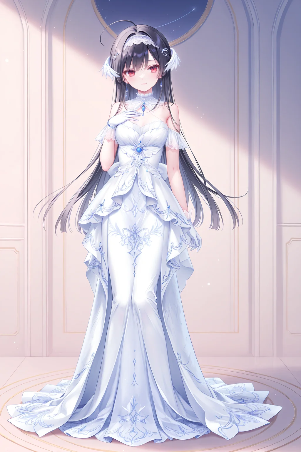 masterpiece,best quality,newest,absurdres,highres,soft shadows,year2024,(chen bin:0.7),(hiten \(hitenkei\):0.4),(rimuu:0.5),(mignon:0.5),(sheya:0.6),
<lora:miaXLNAI-000010:1>,mianonomiya,1girl,ahoge,frilled hairband,black hair,long hair,red eyes,light smile,
<lora:nightowlXLNAI:1>,nightowl,white dress,long dress,jewelry,hair ornament,elboww gloves,
full body,standing,hand on own chest,arm at side,