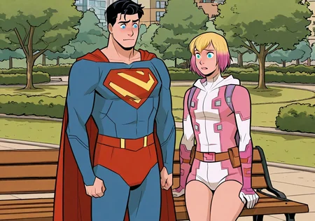screencap, flat colors, official art, 1girl, female focus, Gwenpool, blue eyes, short hair, smirk, multicolored hair, shorty, blonde hair, looking at Superman, sitting on a bench, outdoors, park, BREAK,
(1boy, male focus, Superman, concerned, costume, cape, looking at gwenpool, standing:1.5)