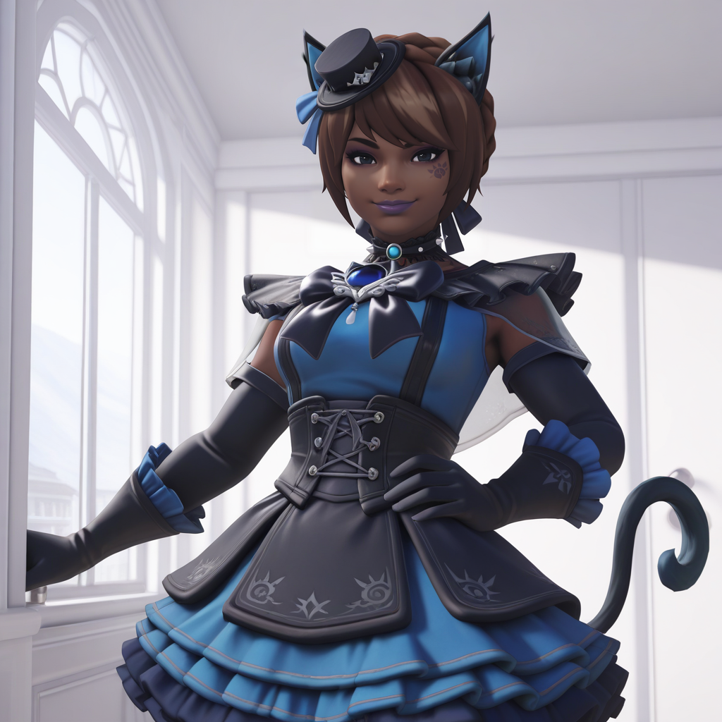 (masterpiece), (best quality), absurdres, intricate details, highres, 3d, <lora:Illari_BLACK_CAT_ILLUS-000009:0.8> , ill1, shoulder pads, 1girl, solo, short hair, brown hair, gloves, mini top hat, dress, tail, braid, elbow gloves, cat ears, purple lips, frills, frilled dress, translucent clothing, hair bow, bow, skirt, choker, dark-skinned female, crown braid, corset, frilled gloves, bangs, cape, facial mark, looking at viewer, smile, black eyes