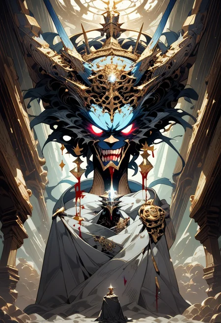 score_9, score_8_up, score_7_up, walking, easynegative, beast man, four horns, masterpiece, best quality, ultra sharp, 32k, ((shiny body)),, demon beast, sharp teeth, detaled face, white hait hair, (long hair:1.3), (((red demon horns))), yakuza arm tattoos, tribal tattoos legs, tail, red lips, blood dripping from lips, blood on body, (glowing eyes:0.4), (ornate:1.5), gold, (smug:0.85), makeup, gold jewelry, gold earrings, braids ornament, open eyes,
BREAK
Inside an alchemist's dimly lit house, a porcelain demon lying elegantly on a luxurious velvet red bed. The scene is intimate and charged with tension, with the warm glow of candlelight reflecting off the rich fabrics and the glass. The atmosphere is darkly enchanting, blending a sense of forbidden allure with the arcane ambiance of the alchemist’s home.
BREAK
interior alchemist's house, alchemist's background, cinematic light, vivid colors, best shadows, cinematic composition, vivid skin, best shadows, Royal Victorians alchemist's house,