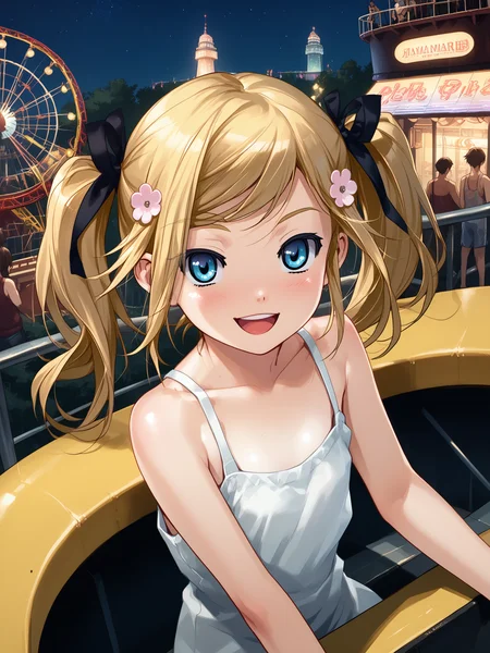 (cowboy shot, solo focus:1.2) <lora:happy_tentacle-mafuyu-v0.2-000030:0.9>, ht_mafuyu, blonde hair, twintails, hair flower, flat chest (petite:1.2), <lora:Shed_The_Skin's StS_age_slider_v1_initial_release:-1.5> ( (bare shoulders :1.1) :1.1) (sagging breasts:1.2) ( ( head tilt :0.8) , , (excited :1.2) , seductive smile , :1.2) , outdoors, vegetation, ( :1.1), summer , (night, night sky :0.6), (blue sky:0.6) , (:0.5), people , (science fiction :0.9), (amusement park:1.2), (roller coaster:1.3), carousel, drop tower, pendulum ride, (( from above :1.1) :0.8) score_9, score_8_up, score_7_up, score_6_up, score_5_up, score_4_up, ( [(realistic, photorealistic:1.3):(realistic:1.2):16] [(3d:1.2)::14] :1) <lora:LUUNA's Lunas-NijiJourney-SDXL-B2:0.35>, nijijourney <lora:prgfrg23's Counterfeit-V3.0 Style SDXL_LoRA_Pony Diffusion V6 XL:0.5> <lora:mfcg's mfcgXL:0.12> <lora:reweik's gyokai(himehajime)_PonyXL_style_v01:0.14>