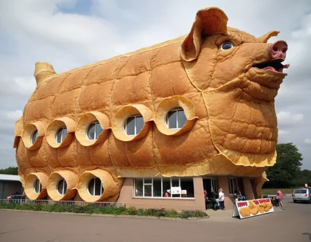 A gigantic pork rind shaped novarc building <lora:Novelty_Architecture:1>