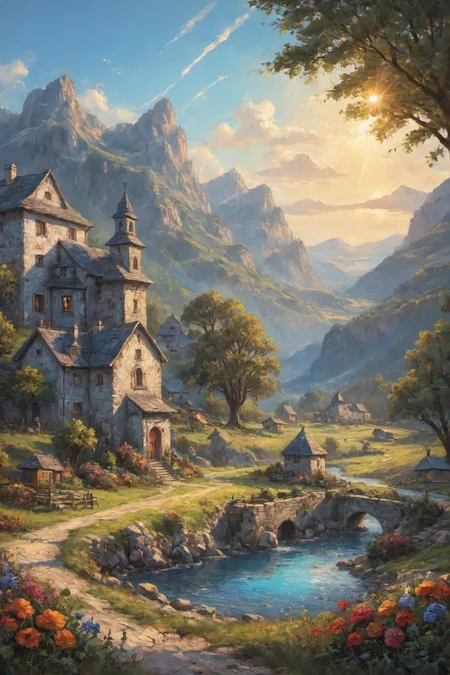 the most beautiful landscape, fantasy, ((very detailed)), sharp focus, sharp background,  best quality, valley, meadow, fountain, peasant village, stunning nature environment, (bright sunny sky), high contrast, cinematic (lights), backlight, shadows, lens flare, vibrant colors, colorful, Bright Navy flowers and leaves,  <lora:add-detail-xl:1>  <lora:Better Blur Control:1>