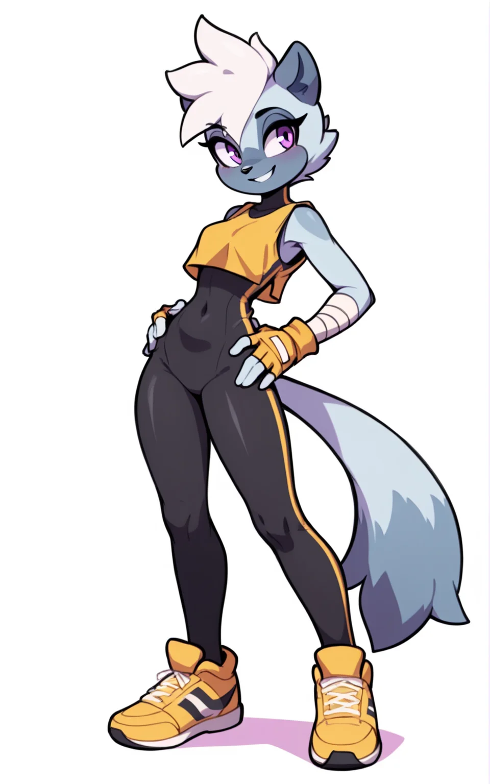 best quality, absurdres,full body, <lora:BolivanteStyleITS:0.8>, <lora:TTLITS:0.8>, TTLITS, furry female, furry, tail, animal ears, purple eyes, short hair, animal nose, white hair, blue fur, gloves, fingerless gloves, shoes, bodysuit, bandages, yellow footwear, skin tight, black bodysuit, sleeveless,yellow crop top, white background,slim,smile
