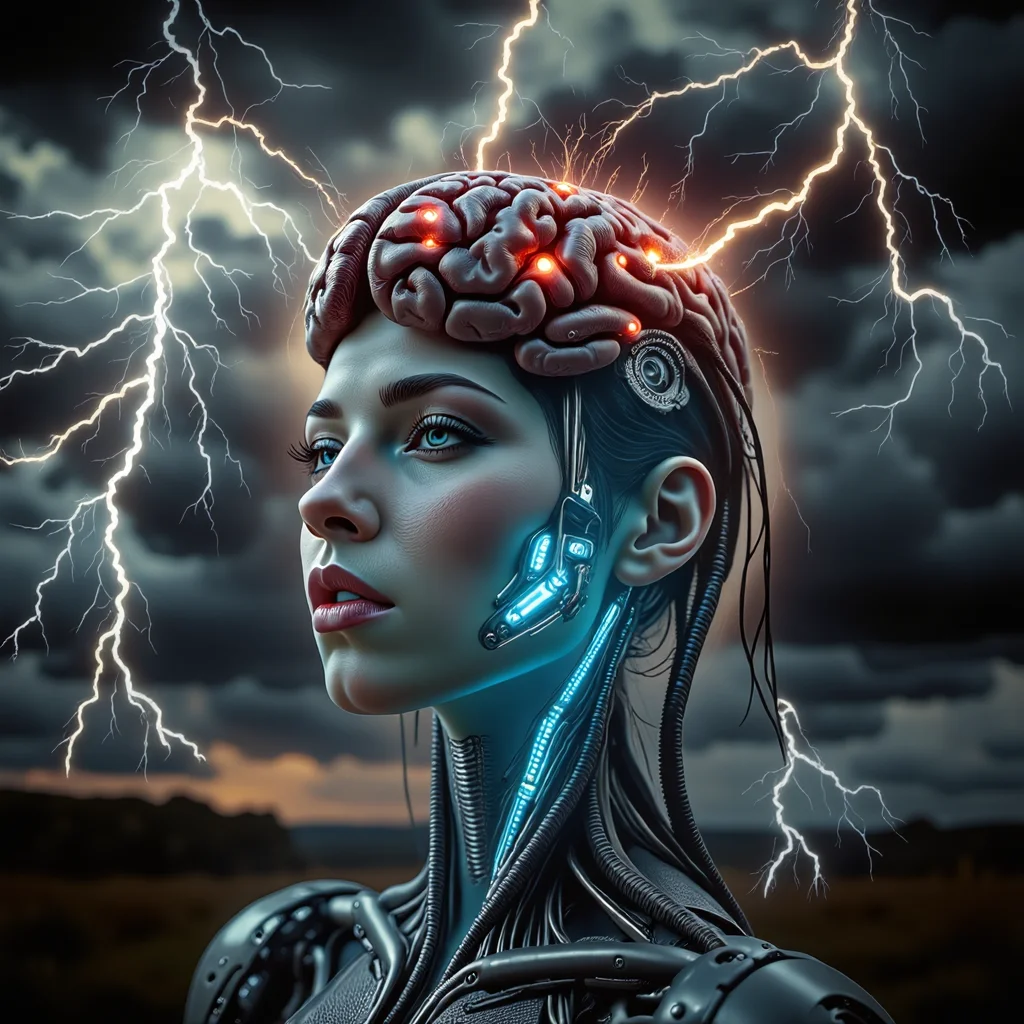 bailing_lightning, style of H. R. Giger. A woman with a cybernetic enhancement on her head mimicking a biopunk brain, surrounded by micro lightning bolts. a bionic body with an exoskeleton, dark and sleek, futuristic, sci-fi, dramatic sky with dark clouds and micro lightning bolts that strike her head, digital artwork, realistic and detailed, CGI, futuristic and intense, created using advanced software and techniques. <lora:flux/Realism 2>, <lora:moxiePunk_v20> <lora:art and styles/FL-bailing-24-0824lightning-000003.safetensors:0.7>, bailing_lightning, <lora:scifi/dvr-transformers-flux.safetensors:1.0>, <lora:artist/style of H. R. Giger FLUX 295-000006.safetensors:1.0>, style of H. R. Giger