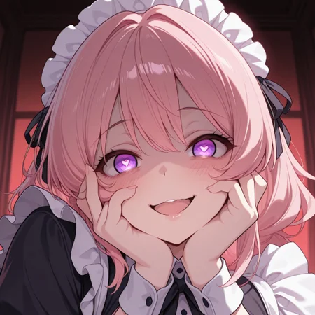masterpiece, best quality, amazing quality,
CivChan, purple eyes, pink hair
maid, maid headdress, black ribbon, puffy sleeves
<lora:yandere-trance-ponyxl-lora-nochekaiser:1>, yandere trance, yandere, hands on own cheeks, hands on own face, crazy eyes, crazy smile, crazy, heart-shaped pupils, glowing eyes, symbol-shaped pupils, hand on own face, open mouth, glowing, blush, looking at viewer,