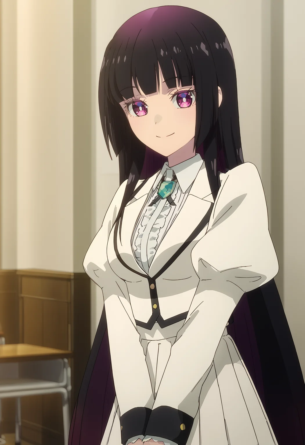 <lora:Kurogane_Otoha-pony:1>,
Kurogane Otoha, solo, smile, skirt, school uniform, very long hair, long sleeves, puffy sleeves, jacket, shirt, breasts, brooch, white skirt, indoors, pleated skirt, looking at viewer, white shirt, juliet sleeves, v arms, closed mouth