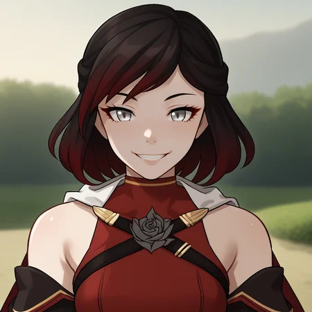 score_9, score_8_up, score_7_up, score_6_up, score_5_up, score_4_up, zPDXL2,source_anime,rating_questionable, 1girl, solo, outdoors,  looking at viewer, smile, close up,  <lora:SummerRose_-_V2:0.8> SummerRose_RWBY,  short hair, black hair,gradient hair, grey eyes,  bare shoulders,  red dress, red cape,