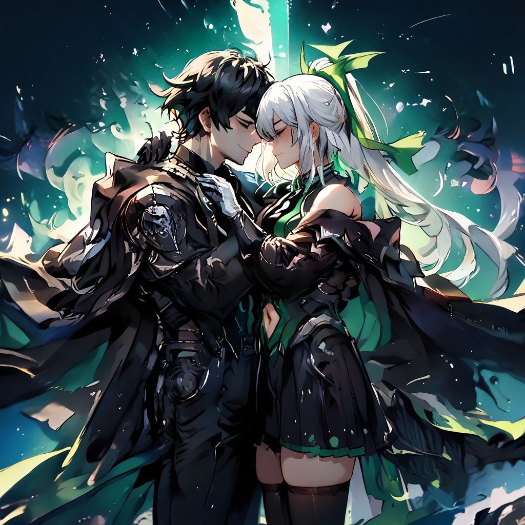 zPDXL2, score_9_up, score_8_up, score_7_up, (Anime_source), high detail face, best quality, absurd res, 1girl, 1boy, arms around another’s neck, xbox-chan, white hair, ponytail, hair ribbon, closed eyes, black leotard, navel cutout, cape, white gloves, black thighhighs, bare shoulders green theme, BREAK
muscular male, justtnp, heterochromia, closed eyes, black jacket, black hair, black vest, black necktie, black gloves, black pants, Black theme, BREAK
cowboy shot, looking at each other, In love face, from side, smile, galaxy background, head bump together
