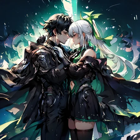 zPDXL2, score_9_up, score_8_up, score_7_up, (Anime_source), high detail face, best quality, absurd res, 1girl, 1boy, arms around another’s neck, xbox-chan, white hair, ponytail, hair ribbon, closed eyes, black leotard, navel cutout, cape, white gloves, black thighhighs, bare shoulders green theme, BREAK
muscular male, justtnp, heterochromia, closed eyes, black jacket, black hair, black vest, black necktie, black gloves, black pants, Black theme, BREAK
cowboy shot, looking at each other, In love face, from side, smile, galaxy background, head bump together