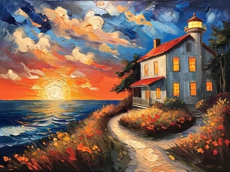 masterpiece,best quality,<lora:tbh123-sdxl:0.5>,Impressionism fine art impasto on canvas. Blissful sunset hues. (((Warm tones,Warm hues))). A cabin by the ocean. A lighthouse on the bluff. Paths leading away. airbrush painting. Atmospheric,moody,rustic.,oil painting,