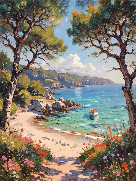 masterful impressionism oil painting, dappled lighting, chiaroscuro, dark corners, a picturesque view of plage de saleccia on corsica, framed by tall, graceful pine trees on either side of the composition, their trunks reaching upward, their vibrant green treetops arching over the top of the painting to create a natural canopy, in the middle of the image, the pristine sandy beach curves gently toward the crystal-clear turquoise waters of the mediterranean, the soft white sand glows under the afternoon sunlight, with patches of shadow cast by the pine trees. the beach and sky are nestled within the frame of the trees, drawing the viewerâs eye toward the central scene, above the beach, the sky features soft, billowing clouds illuminated by the golden afternoon light, their edges glowing with warm highlights, contrasting with the deep blue expanse of the sky. the interplay of light and shadow is vivid and dynamic, the sunlight filters through the pine canopy, creating dappled light patterns on the sand, the tranquil waters of the mediterranean shimmer with subtle gradients of blue and green, reflecting the vibrant sky and clouds above. in the foreground, the pine trunks and their textured bark add an earthy, tactile element, while the treetops provide a lush, natural frame, in the distance, rugged, sunlit hills rise behind the beach, adding depth and context to the scene, the gentle waves lap against the shore, leaving intricate patterns in the wet sand, a small boat drifts near the shore, adding a sense of serenity. the scene evokes a tranquil summer afternoon, with the framing pines creating an intimate yet expansive perspective, their lush foliage blending harmoniously with the vibrant beach and sky, the golden-hour lighting enhances the warmth and charm of the composition. oil on canvas, classic impressionist style, warm and cool tones expertly balanced to emphasize light, texture, and atmosphere, the fluid, expressive brushstrokes capture the natural elements, the composition places the viewer beneath the canopy of the trees, looking outward at the idyllic beach and sea, the interplay of sunlit patches and cool shadows enhances the serene, idyllic mood, picturesque wildflowers on either side add some color to the foreground, impressioniststrokes,
<lora:style-impressionist_strokes-flux-by_daalis:1.0>
<lora:image_upgrade-flux-by_zeronwo7829:1.0>