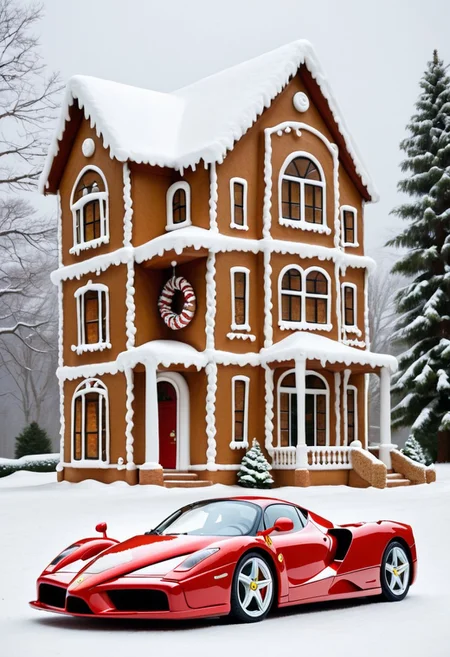 Ferrari ENZO,winter ,in front of house.Christmas<lora:GingerbreadStyle_epoch_10:0.7>