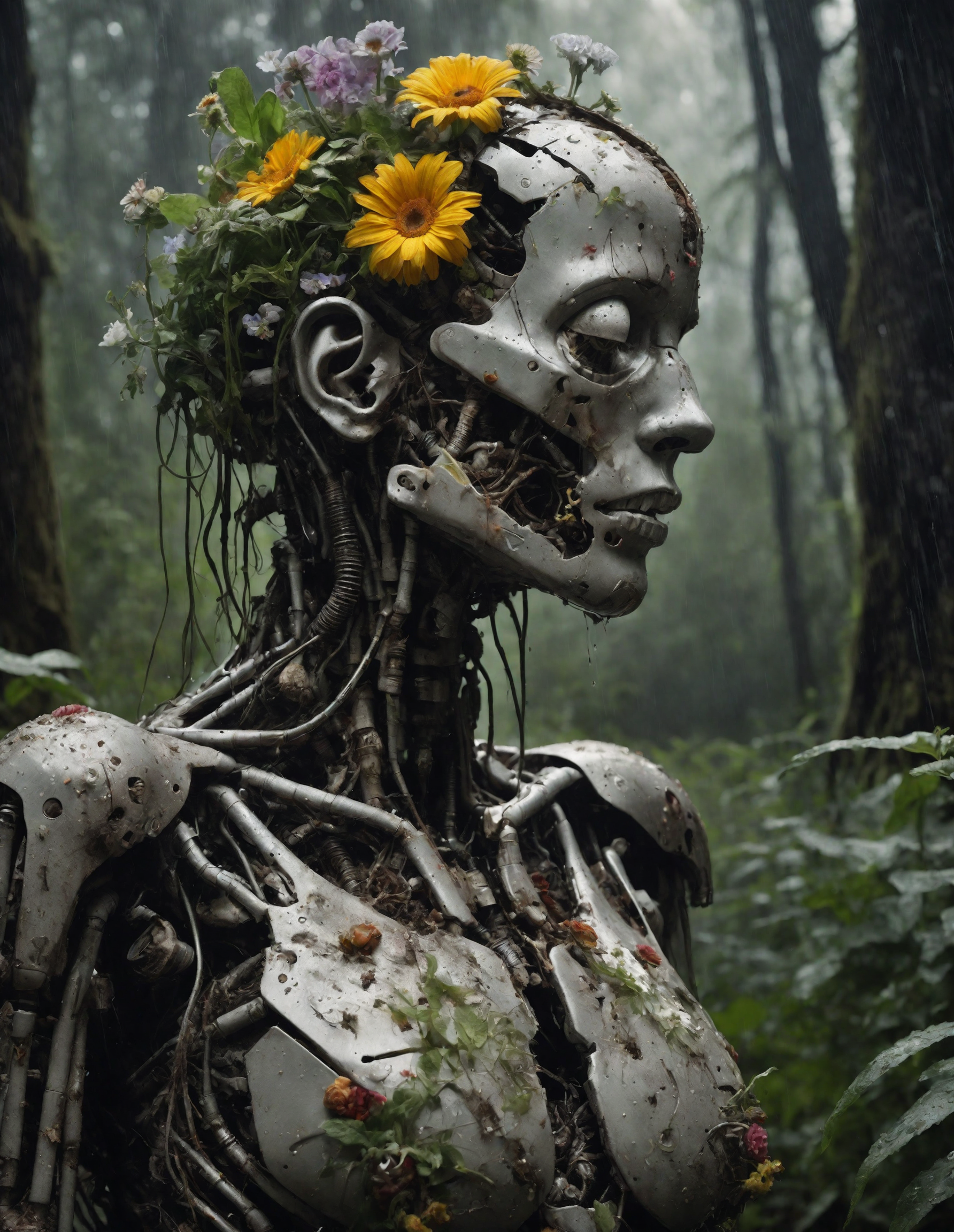 photo of a decayed female robot with the top half of her head cut off, no brain, instead filled with maggots, worms and plants and flowers, half of body is melted into the ground, eyes closed, wet with rain, masterpiece, high res, intricate, professional, photorealistic, dark forest background