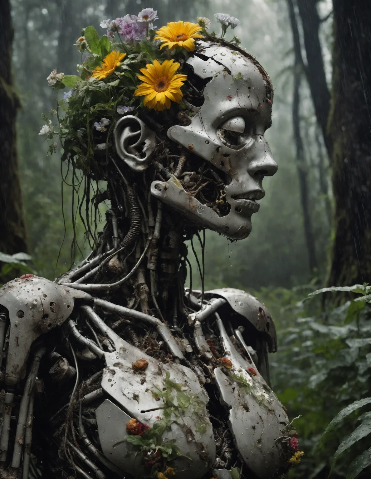 photo of a decayed female robot with the top half of her head cut off, no brain, instead filled with maggots, worms and plants and flowers, half of body is melted into the ground, eyes closed, wet with rain, masterpiece, high res, intricate, professional, photorealistic, dark forest background