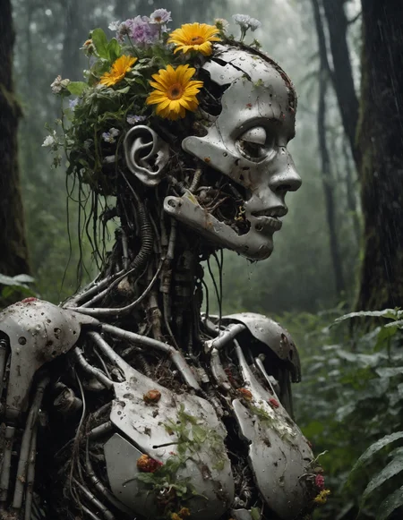 photo of a decayed female robot with the top half of her head cut off, no brain, instead filled with maggots, worms and plants and flowers, half of body is melted into the ground, eyes closed, wet with rain, masterpiece, high res, intricate, professional, photorealistic, dark forest background