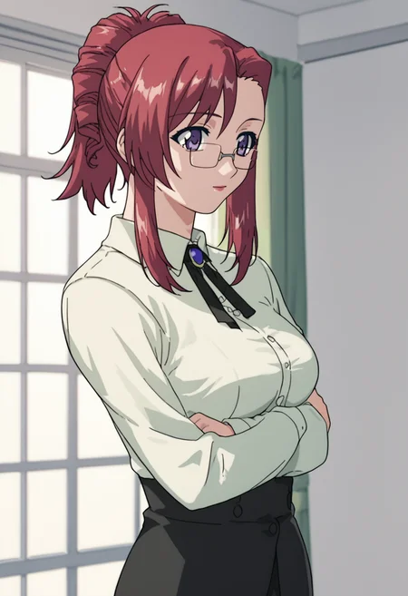 source_anime, score_9, score_8_up, score_7_up, white background, 1girl, solo, cowboy shot, <lora:KazamiMizuho:0.8> kazami mizuho, glasses, ponytail, teacher,