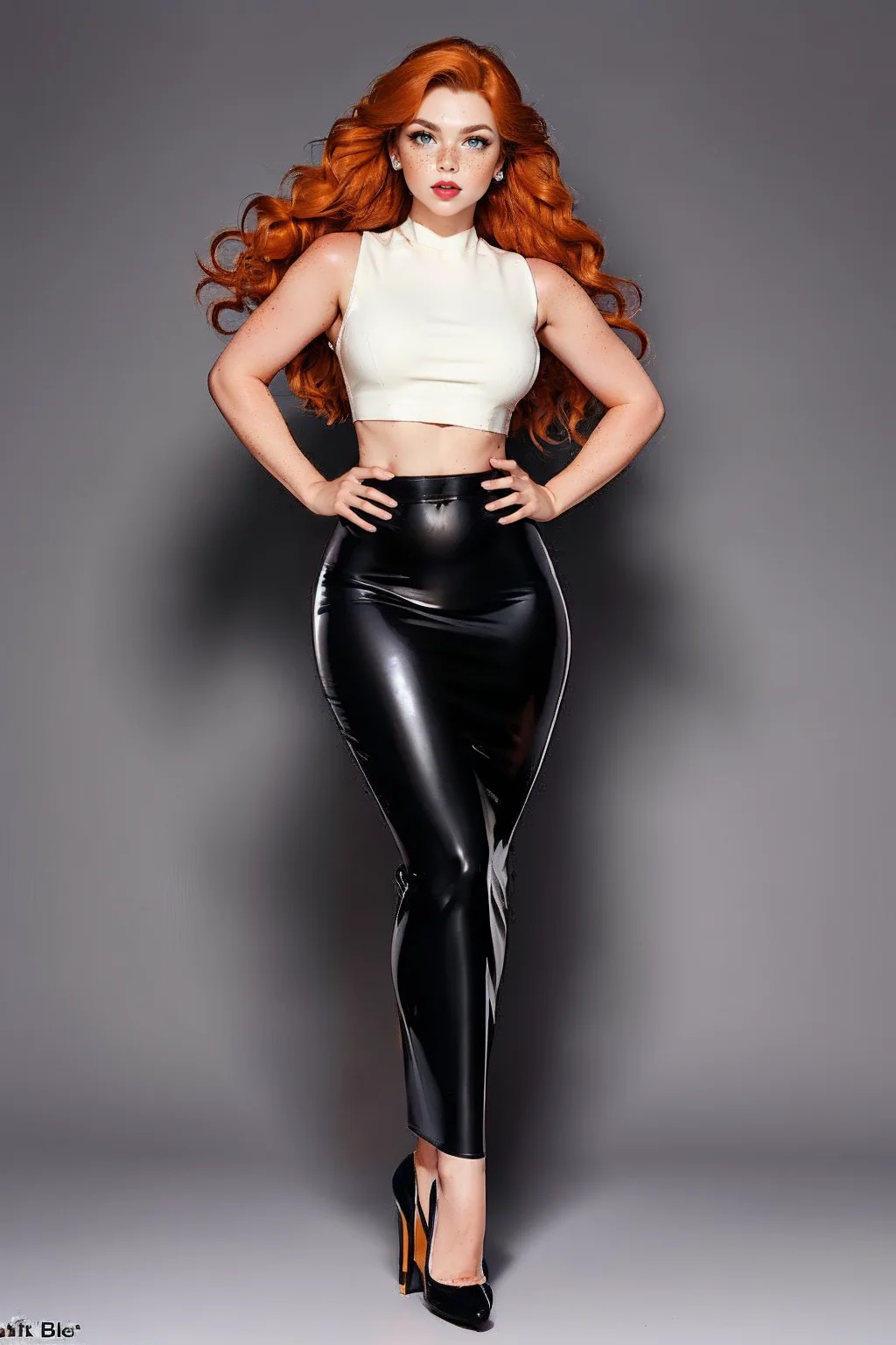 <lora:detail_slider_v4:1> <lora:Fr3ckles:0.75> Fr3ckles, (ginger hair:1.2), long hair, grey eyes, freckles, 1girl, <lora:h0bbl3:0.77> h0bbl3, latex skirt, high heels, long skirt, standing, full body, black skirt, white background,