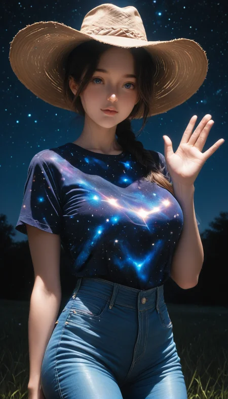 <lora:LCMTurboMix_Euler_A_fix:1> <lora:example_SDXL:0.3>, EZRealPONYXL, <lora:Dramatic Lighting Slider:3> <lora:realistic filter [IL]: 1>
DSLR,realistic,cosplay photo, (very awa,masterpiece,best quality,year 2024,newest,absurdres,highres:1), realistic,skin texture,facial features, photography shot with Canon EOS 5D Mark IV , realistic, RAW, best quality, masterpiece, amazing quality, skin details,
highly detailed beautiful face, large natural breasts,
detailed background, shiny skin, dutch angle, night, moonlight,
beautiful detailed eyes, intricate details, absurdres, anime screencap,
<lora:AddMicroDetails_Illustrious: 0.5> , addmicrodetails,
artist: onono imoko, artist: taesi,
high_quality, highres, detailed, masterpiece, best quality, absurdres, woman wearing Jedcwb, cowboy outfit, wide-brim hat, bandana, jeans,  ponytail with braid, bangs tucked behind ear,  waving,  wide_angle,   <lora:CowgirlIL:1>
<lora:galaxyXLP:1> (galaxy print shirt : 1.5), (galaxy sky 1.5),