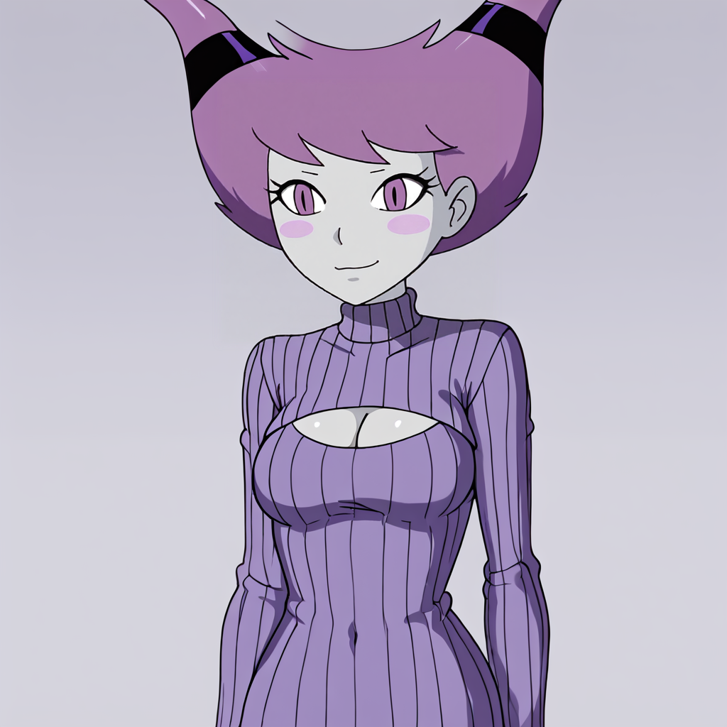 <lora:jinxteentitans_pony_v1:.9> Jinx, 1girl, solo,  purple eyes, purple hair,  horns, blush stickers, short hair, colored skin, medium  breasts, <lora:open-chest-sweater-ponyxl-lora-nochekaiser:1> open-chest sweater, ribbed sweater, cleavage cutout, meme attire, clothing cutout, turtleneck, sweater dress, cleavage, clothes tug, sweater pull, cleavage reach,