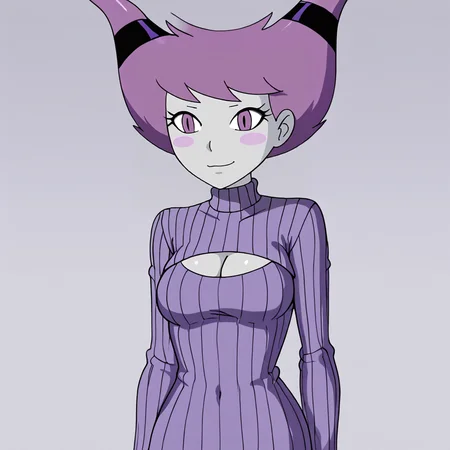 <lora:jinxteentitans_pony_v1:.9> Jinx, 1girl, solo,  purple eyes, purple hair,  horns, blush stickers, short hair, colored skin, medium  breasts, <lora:open-chest-sweater-ponyxl-lora-nochekaiser:1> open-chest sweater, ribbed sweater, cleavage cutout, meme attire, clothing cutout, turtleneck, sweater dress, cleavage, clothes tug, sweater pull, cleavage reach,