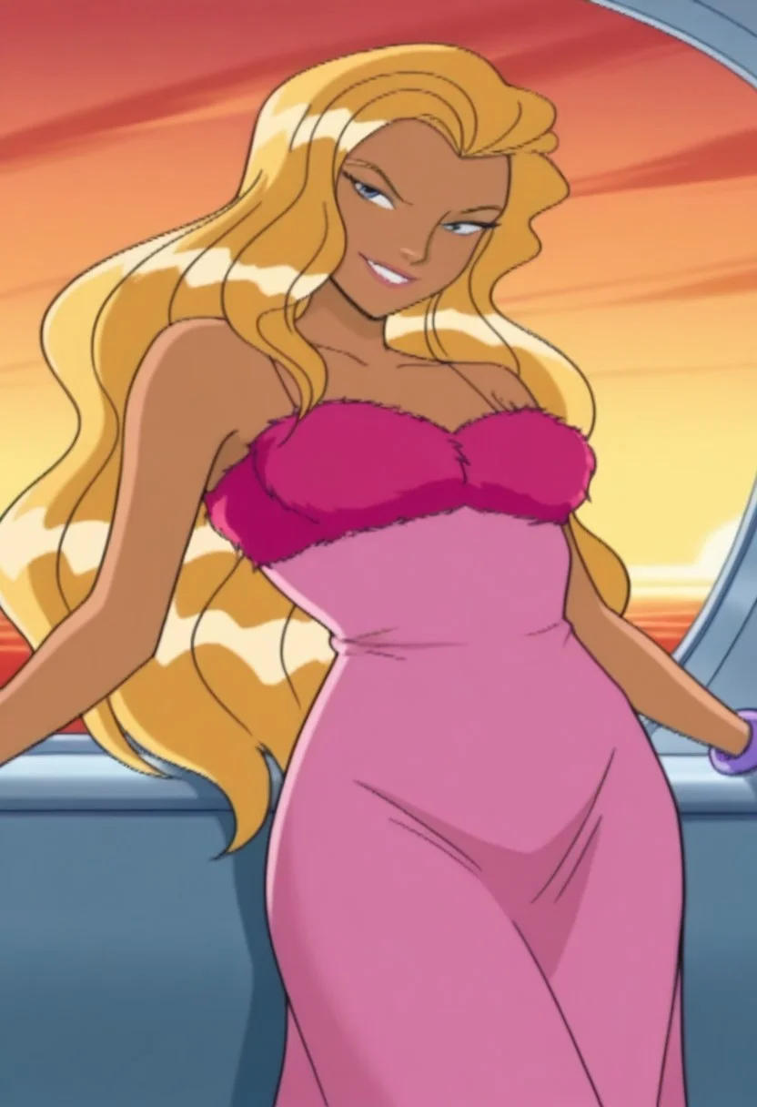 32k_uhd, fine details, intricate details, highest quality, perfect anatomy, perfect face, detailed face, detailed eyes, digital artwork, very aesthetic, concept art, masterpiece, best quality, amazing quality, ultra-HD, high resolution, ultra-detailed, absurdres, illustrative, highly detailed, detailed eyes, detailed hair,
snnyd@y_totally_spies, blue eyes, blonde hair, long hair, wavy hair, voluminous hair, beautiful, close up, seductive smile, smilling, happy, enjoying, pink dress, long dress, bracelets, covered legs, detailed background, pinup, sexy pose, cowboy shot, standing, looking at the viewer, on the cruise ship, sunset,