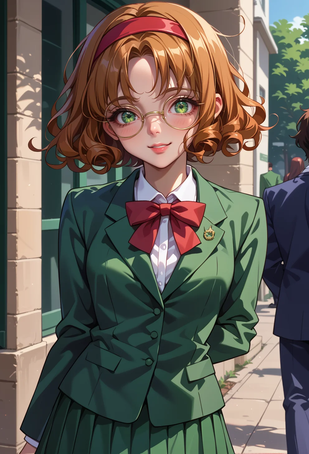 score_9, score_7_up, source_anime, BREAK AEFuuDef, green eyes, curly hair, parted bangs, short hair, glasses, rimless eyewear, round eyewear, red hairband, school uniform, green jacket, blazer, long sleeves, collared shirt, white shirt, red bowtie, green skirt, miniskirt, pleated skirt, white socks, kneehighs, brown footwear, loafers,
standing, smile, <lora:AEFuu-000009:0.8>