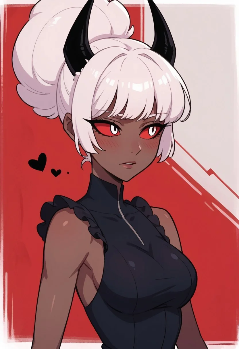 score_9, score_8_up, score_7_up,
masterpiece, best quality, detailed, amazing quality,
detailed background,
detailed eyes, clean eyes,
dynamic pose,
solo, 1woman, woman,
easynegative,
c4rl4_c4rm1n3, white hair, dark skin, red white eyes, black horns,
black bow, blushing, looking away, frilly dress