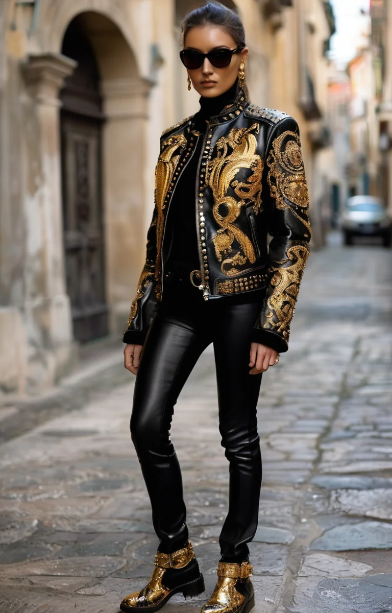 masterpiece,best quality,<lora:tbh361-sdxl:0.6>,illustration,style of Stefano Gabbana, Edgy Versace leather jacket with gold studs, rock-chic style, urban nightlife setting