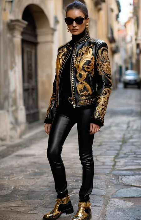 masterpiece,best quality,<lora:tbh361-sdxl:0.6>,illustration,style of Stefano Gabbana, Edgy Versace leather jacket with gold studs, rock-chic style, urban nightlife setting