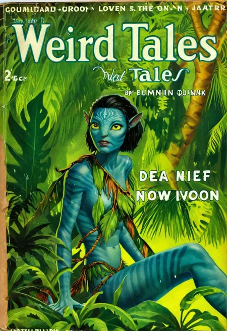 Weird Tales pulp magazine cover of a  Avatar navi alien with blue skin, wearing leaf tunic, futuristic neon bioluminescent jungle in the background